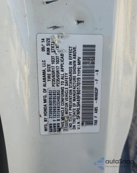 2015 Honda Odyssey Ex z USA, uszkodzony, nr VIN 5FNRL5H49FB017019